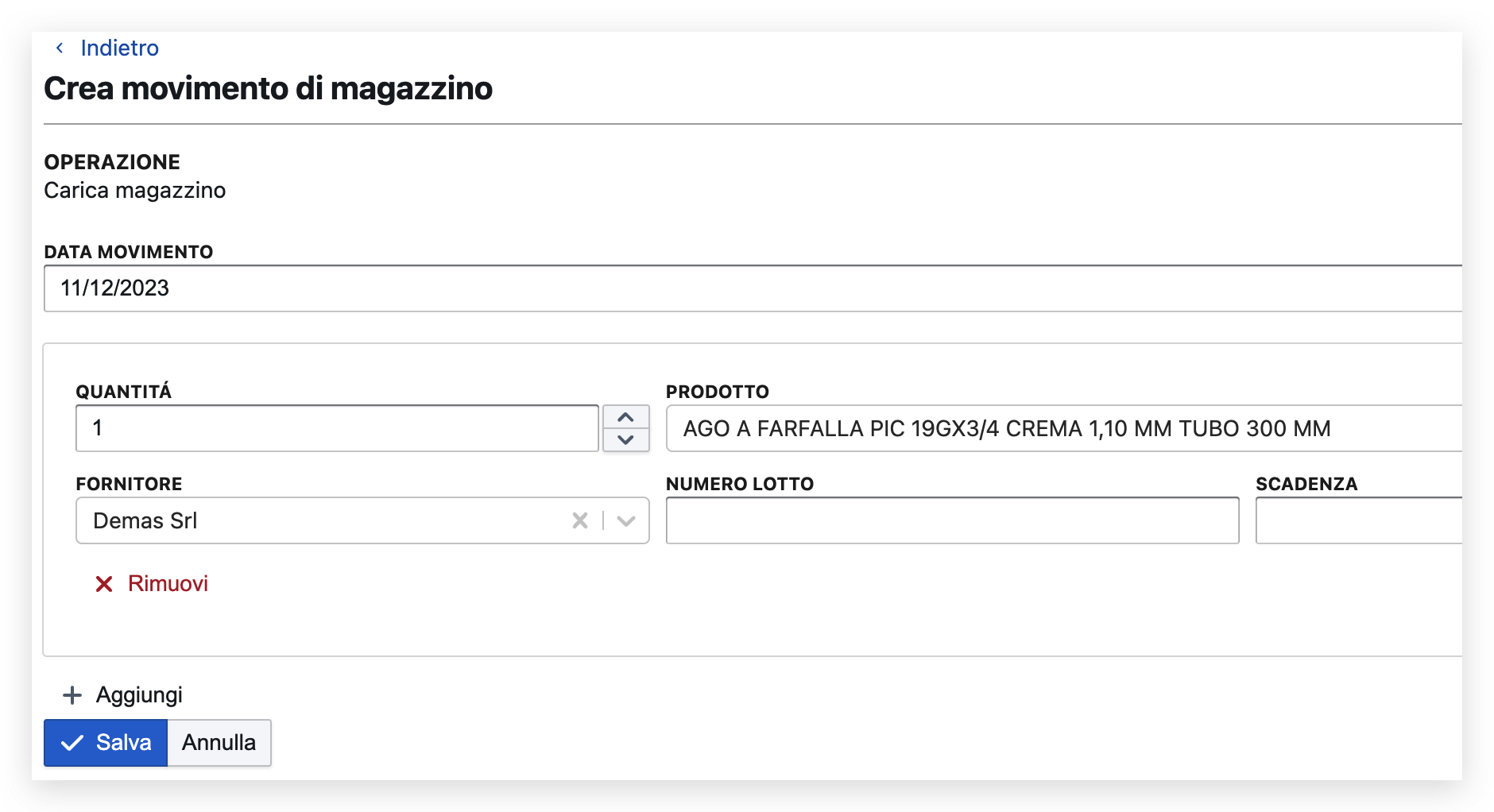 Schermata gestione giacenze magazzino