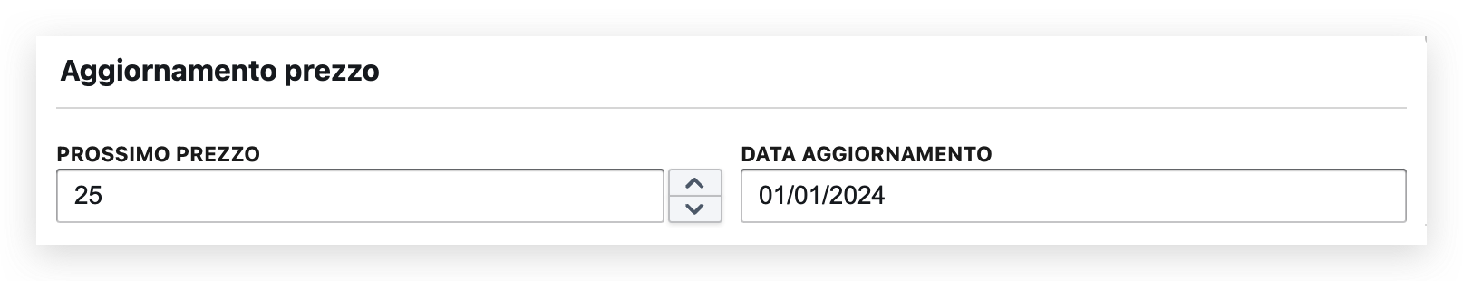 Schermata impostazione prezzo programmato