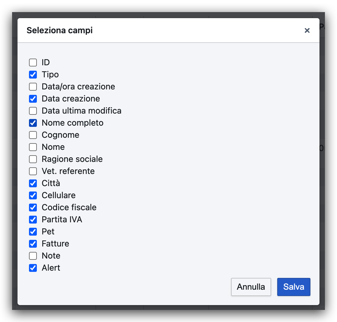 Selezione campi