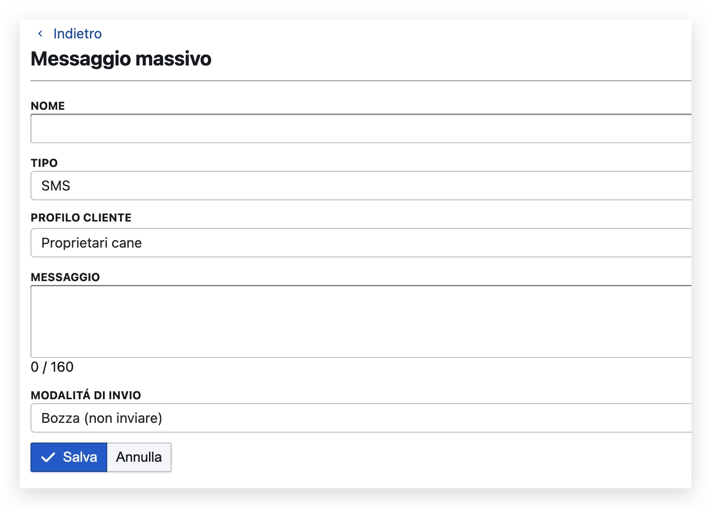 Schermata creazione messaggio massivo